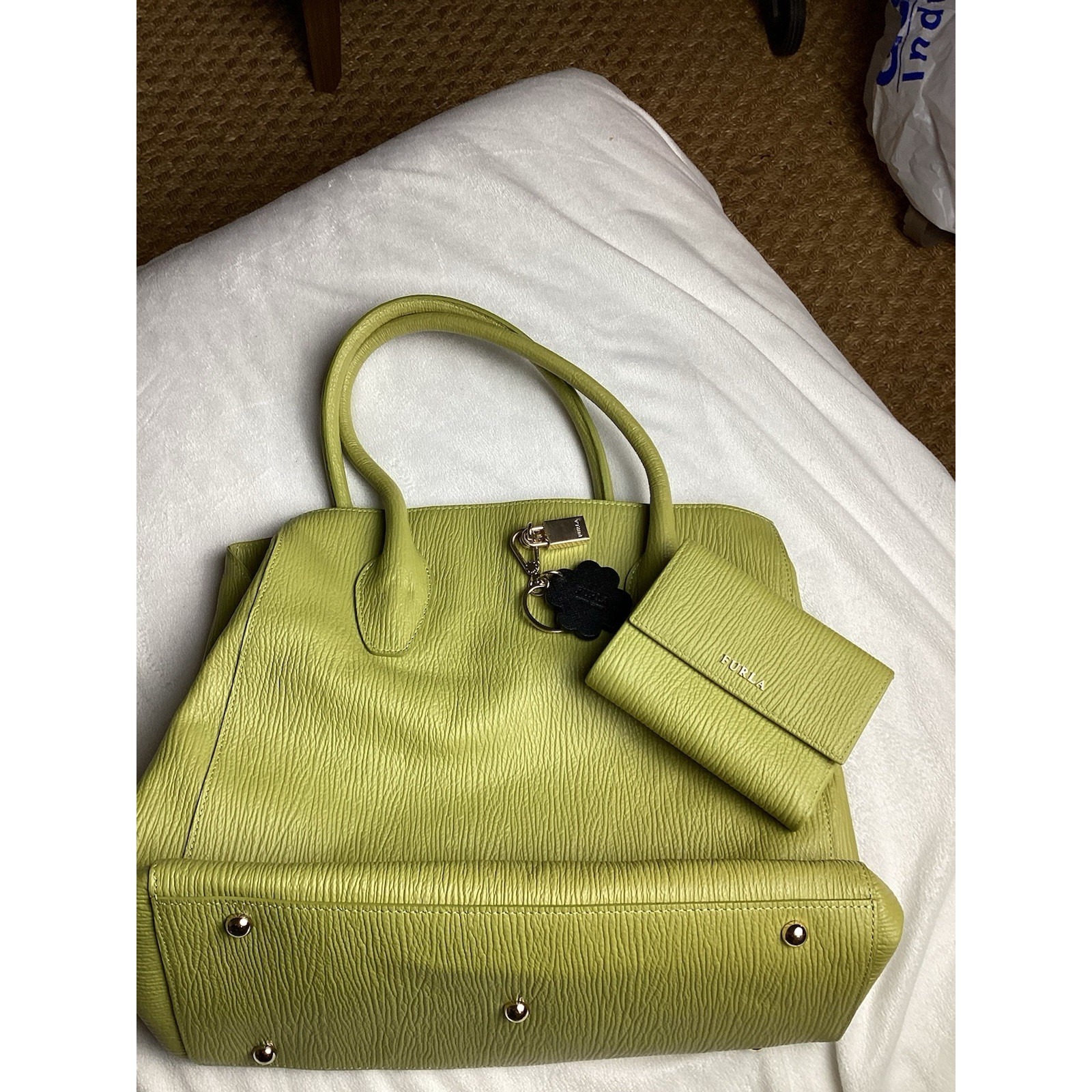 Furla Lime Green Textured Leather Tote Bag Handbag & Matching Wallet Set Italy